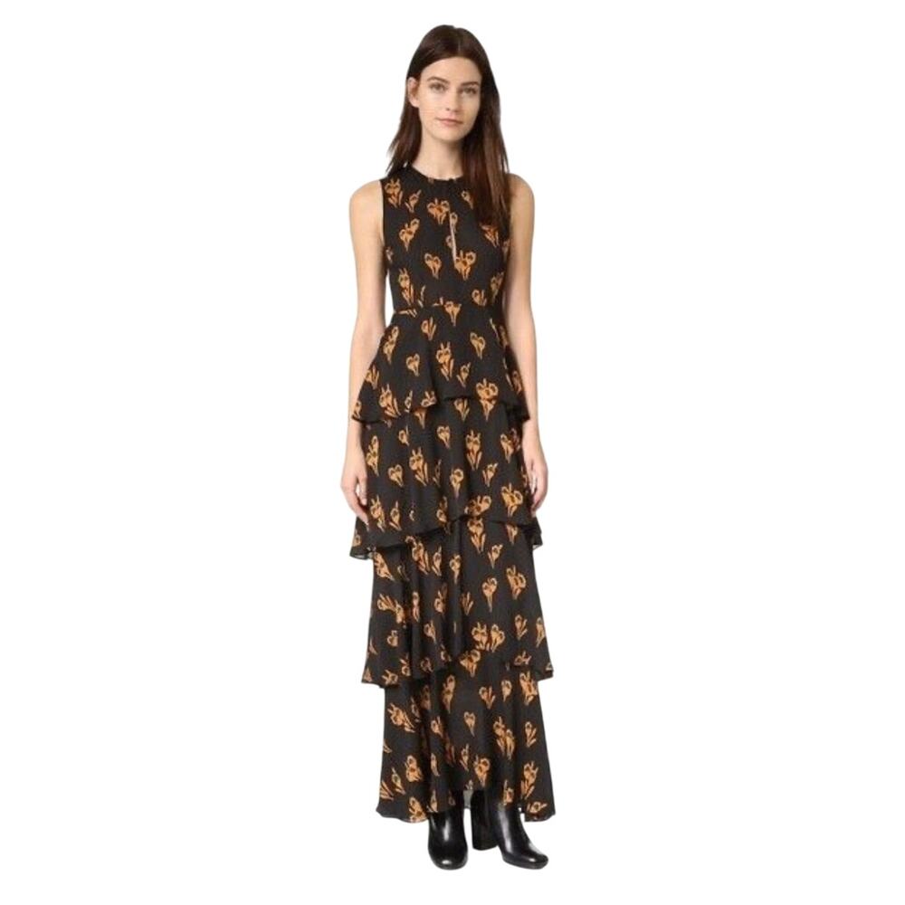 New A.L.C. Arias Silk Tiered Maxi Dress ALC Ruffles Sleeveless 6 Black Floral